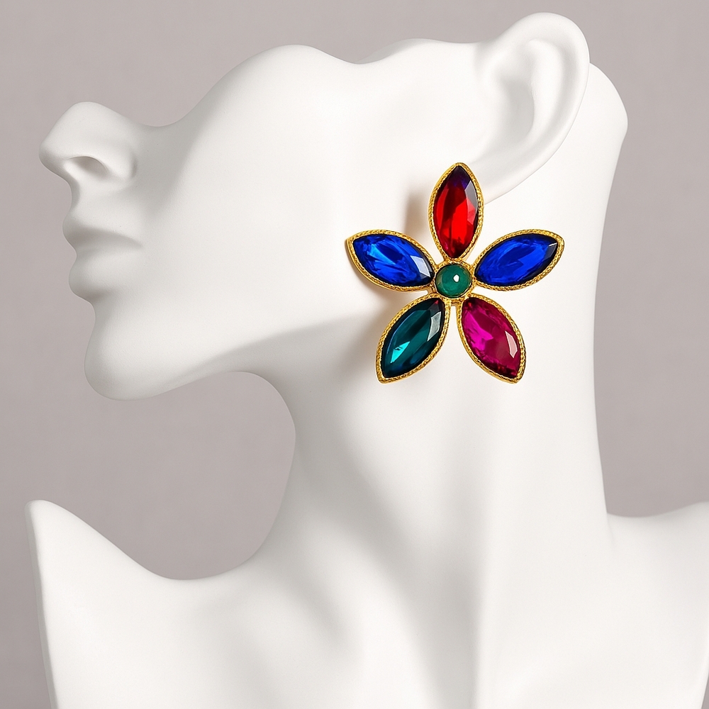 Women's Stunning Gold tone Flower Design Colorful Crystal Stud Earrings